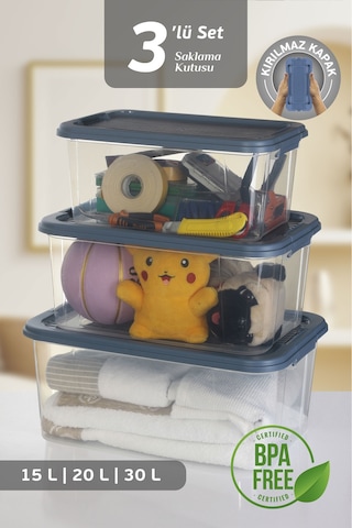 3'lü 15-20-30 L Çok Amaçlı Saklama Kabı Seti - Kilitli Kapak Banyo Mutfak Düzenleyici Saklama Kutusu Mavi