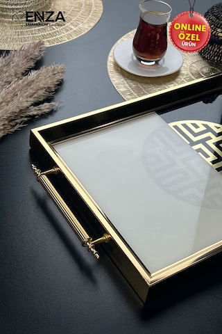 Mint Gold Tepsi Cam Baskılı 48x29 Cm Siyah