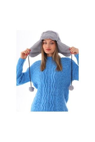 Kadın Gri Kürklü Kulaklıklı Peluş Şapka Gri