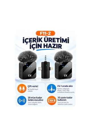 Kablosuz Yaka Mikrofonu 2 Li Mikrofon 3 İn 1 Wireless Microphone