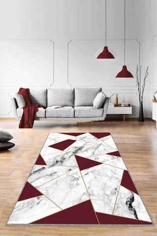 Kırmızı Mermer Görünümlü Kaymaz Tabanlı Dekoratif Halı Rv167n11