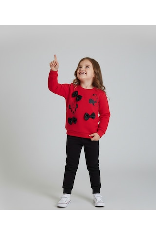 Minnie Mouse Baskılı Ve Fiyonk Detaylı Kırmızı Sweatshirt Siyah Eşofman Altı Kız Çocuk Takımı Kırmızı