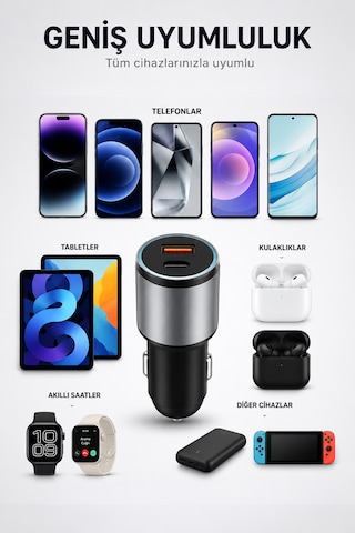 Araç Şarjı - Type-c + Usb 2 Port Hızlı Şarj Adaptörü - Uzun Yolda Şarjın Bitmesin - İphone Android Tüm Telefonlar Cihazlar Uyumlu 55w