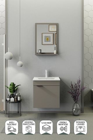 Biani Fix Arya 55 Cm Banyo Dolabı,Seramik Lavabolu, Aynalı,Lavabo Dahil,Mdf,Latte