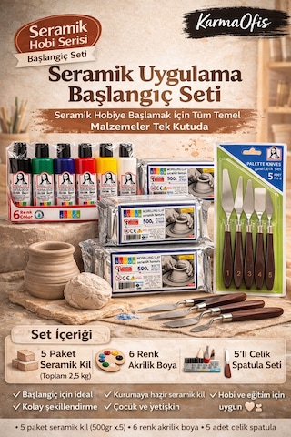 Seramik Hobi Başlangıç Seti 5x500gr Kil + 6'lı Akrilik Boya + 5'li Spatula Seti