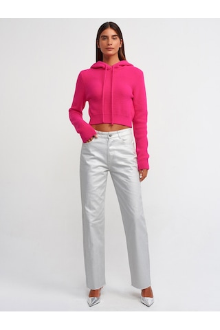 Dilvin Yumuşak Dokulu Kapşonlu Crop Kazak Fuşya