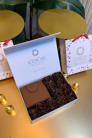 Premium Gift Rose Box - Miosa Süt Kahve Hakiki Deri Kadın Cüzdan Kahverengi Gül Kutusu Kahverengi