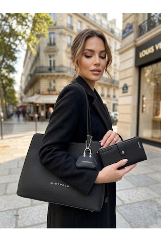 Just Polo Kadın Büyük Boy Premium Gümüş Logolu El Çantası Ve Cüzdanı Kombin Tote Bag Ebat : 22 X 34 Cm Siyah Kombin