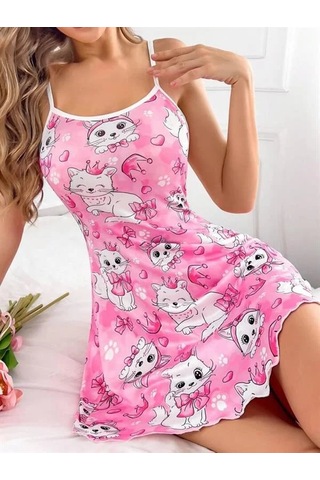 Emvera Kadın Pembe Kedi Desenli Gecelik
