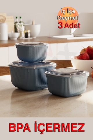 İç İçe Geçmeli Snaplid Kare Saklama Kabı 600 - 1100 - 1800 Ml Üçlü Set Bej