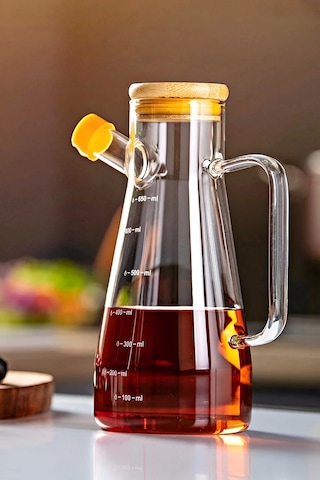 Bambu Kapaklı Cam Yağdanlık Vakumlu Borosilikat Cam Sirkelik Zeytinyağı Şişesi Yağlık 900 Ml.