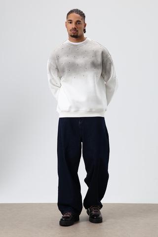 Vamos Yıkamalı Taş Detaylı Oversize Sweatshirt Ekru