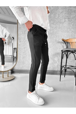 Modefendi Örgü Desenli İp Detaylı Jogger Pantolon Siyah