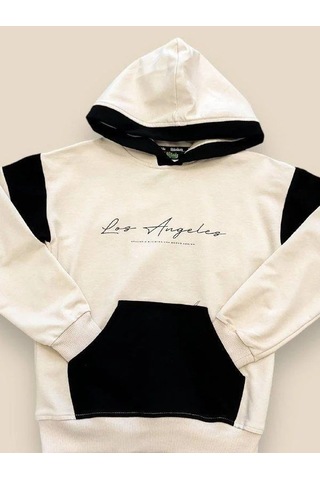 Erkek Çocuk Kapüşonlu Los Angeles Yazılı Pamuklu Sweatshirt-14694 Bej