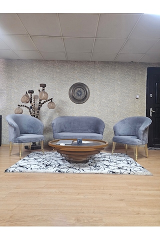 Zafir Teddy Takım Gold Kaplama Telli Ayak Çay Seti Koltuk - Berjer , Balkon, Salon, Ofis Gri