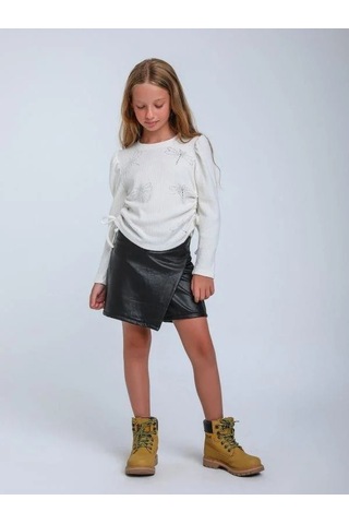 Kız Çocuk Fitilli Taş İşleme Yusufcuk Detaylı Bluz-14309 Ekru