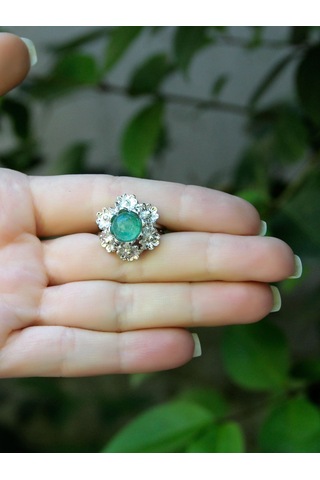 Esha Store Doğal Taş Yeşil Akik Doğal Taşlı Çiçek Model Telkari Kadın Ayarlanabilir Gümüş Kaplama Yüzük Euy61ya Yeşil