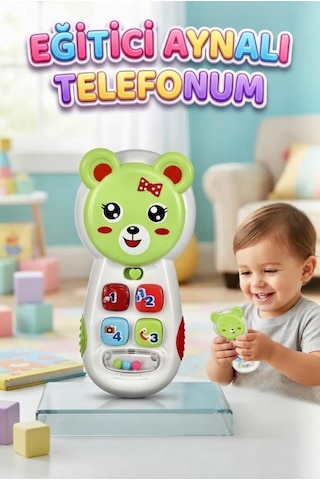 Eğitici Aynalı Müzikli Telefon - Işıklı Sevimli Ayıcık Figürlü Bebek Gelişim Oyuncağı Yeşil