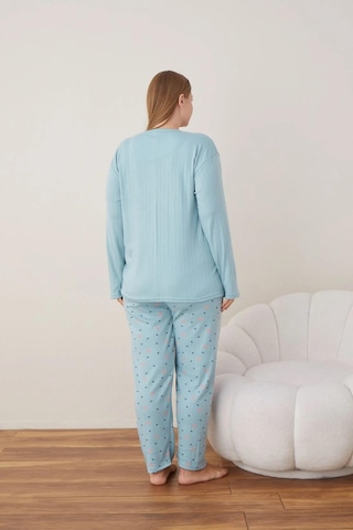 Lindros Kadın Pamuklu Düğme Yaka Raporlu İnterlok Battal Pijama Takımı 05108 - 1 Adet Yeşil