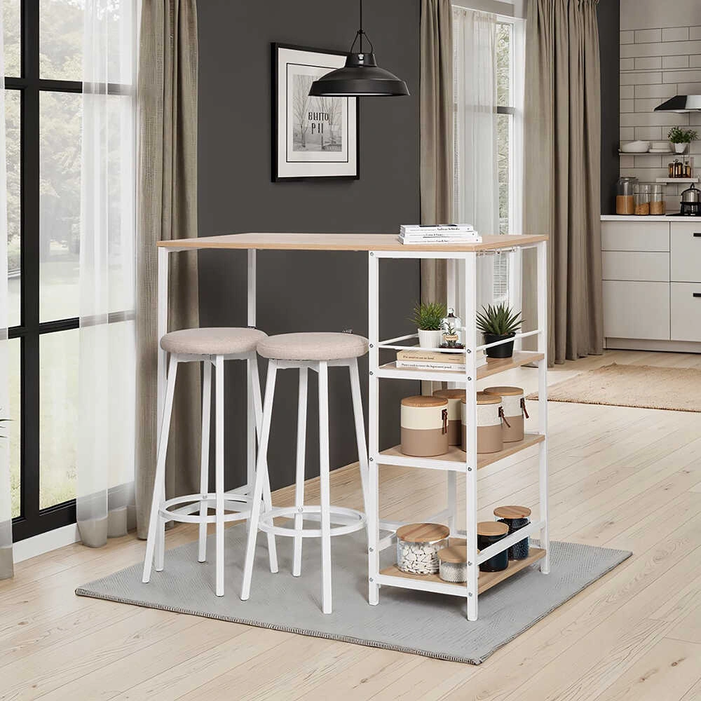 Step-up 2 Tabureli Yüksek Ayaklı Raflı Mutfak Masa Takımı - Beyaz 100x50x100 Ceviz