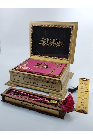 Kişiye Özel Hediye Kuranı Kerim Ahşap Kutulu Fuşya Pembe-Sarı Kutu-