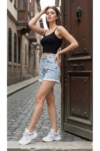 Layal My Beauty Lmb Kadın Jeans Yüksek Bel Likralı Paçası Püsküllü Denim Kot Şort Yeni Sezon New1 Buz Mavi