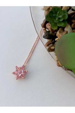 Modahilye 925 Ayar Gümüş Lotus Çiçeği Pembe Taşlı Tasarım Rose Gold Kolye Rose Gold