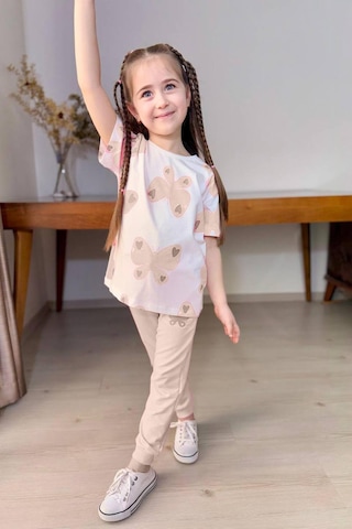 Riccotarz Kız Çocuk Simli Kelebek Baskı Bisiklet Yaka T-shirt Bej Eşofman Takım Beyaz