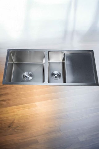 Naz Serisi %100 Krom 95x45 İki Göz Paslanmaz Mutfak Eviyesi, Mutfak Lavabosu Sifon Dahil Siyah