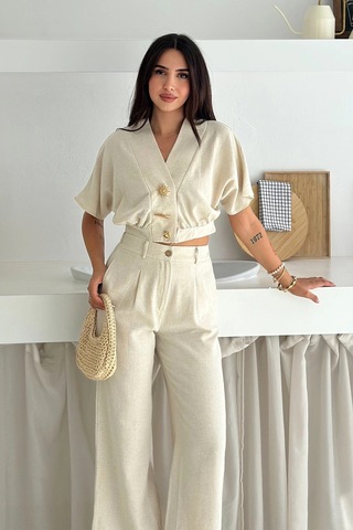 Düğme Detaylı İkili Takım Krem Krem