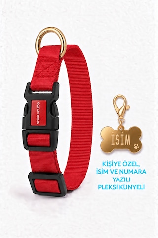 Caramelos İsimli Köpek Tasması, Ayarlanabilir Yavru, Mini, Orta Ve Büyük Irk Köpek Tasması, Kırmızı