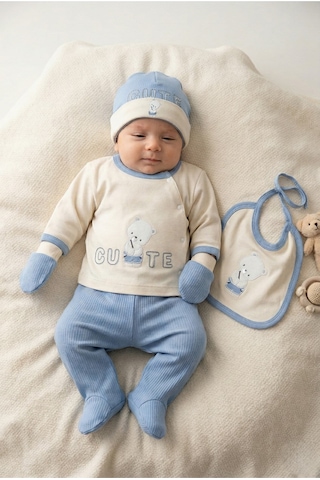 Zeynuko Erkek Bebek Cute Bear Pamuk 0-3 Ay 5'li Yenidoğan Hastane Çıkışı Zıbın Seti Mavi
