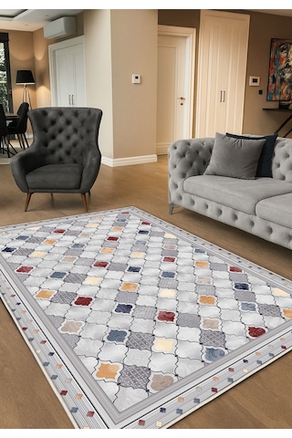 Gri Dijital Baskı Salon Halısı Kaymaz Tabanlı Yıkanabilir Halı Yolluk 520 Gri