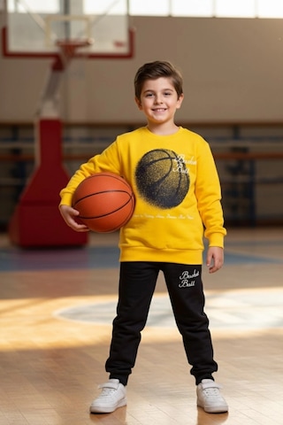 Basketball Yazı Desenli Sarı Renk Erkek Çocuk Eşofman Takımı Sarı