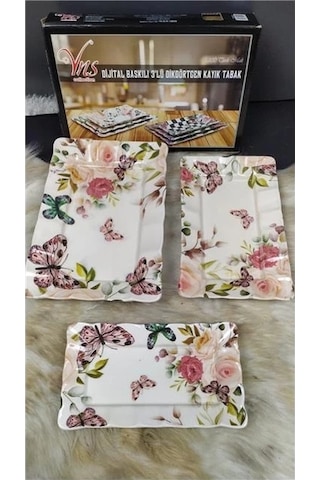 Dijital Baskılı 3'lü Dikdörtgen Kayık Tabak Çok Renkli