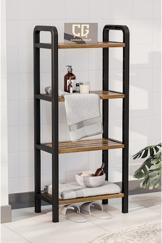 4 Katlı Ahşap Çubuklu 40 Cm Banyo Rafı, Banyo Düzenleyici Raf Ceviz