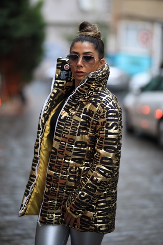 Keyifli Moda Kadın Gold Dik Yaka Uzun Parlak Şişme Mont