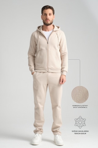 Shooter Sportswear Shooter Erkek Kışlık Eşofman Takımı Thermosoft Teknolojisi İçi Kuzu Görünümlü Regular Kalıp Minimal Logo Kapüşonlu Bej