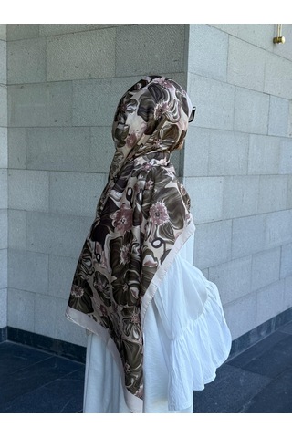 Qalortex Scarf Pamuklu Mimoza Desen Şal- Krem