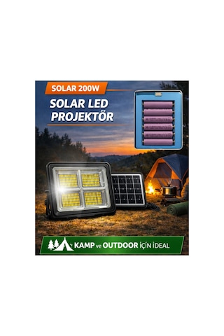 Solar Led Şarjlı Projektör 200w Güneş Enerjili Taşınabilir Solar Panelli 3 Renk Işıklı Çakar Fonksiy Çok Renkli