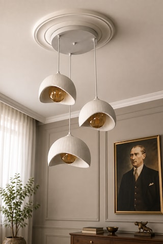 Beton Görünümlü 3'lü Sarkıt Avize Bohem Modern İskandinav Salon Yemek Masası Rustik Led Ampul Hediyeli Beyaz