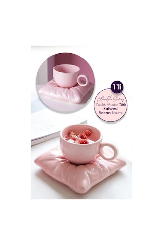 1 Adet El Yapımı Seramik Pembe Yastık Minder Model Handmade Türk Kahvesi Fincan Seti 90 ML
