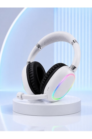 Beyaz Bluetooth 5.0 Mikrofonlu Kablosuz Kulak Üstü Kulaklık Rgb Işıklı Type-c Şarjlı
