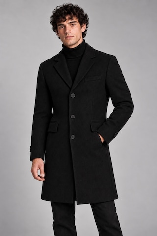 Maison Rae Erkek Siyah, Slim Fit Kaşe Kaban Klasik Yaka 3 Düğmeli Uzun Kesim Kışlık Palto
