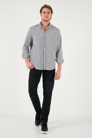 Buratti Pamuklu Çizgili Düğmeli Yaka Uzun Kollu Regular Fit Erkek Gömlek Cf23S112237 Lacivert-Beyaz