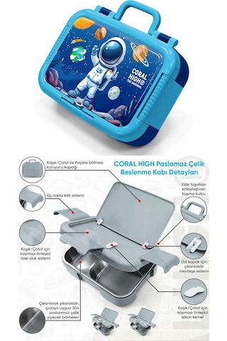 Coral High Lacivert Beyaz Astronot Baskılı Erkek Çocuk Paslanmaz Çelik Beslenme/yemek Kabı - 39152 Beyaz - Mavi