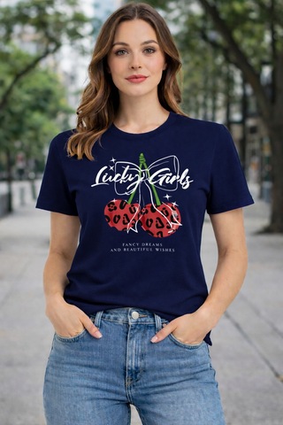 Herkesemoda Luck Girls Baskı Detaylı Basic T-shırt Lacivert