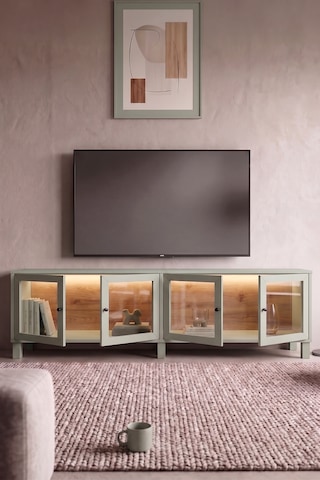 Robin Home Prime Temperli Cam Kapaklı Neon Led Işıklı Tv Ünitesi Tv Sehpası Vitrin Ahşap Ayaklı Sepet-ıhlamur Yeşili Yeşil