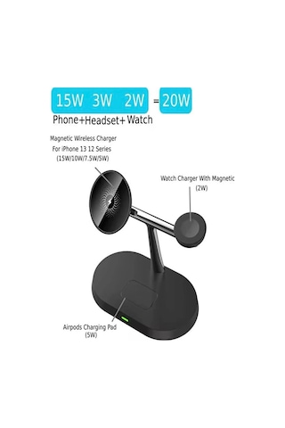 3in1 Magsafe Uyumlu 15w Kablosuz Şarj Standı Apple Uyumlu iPhone, Android Tele