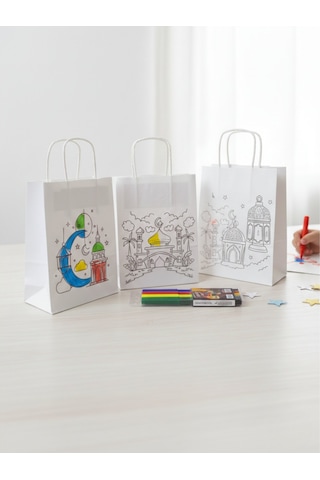Ramazan Temalı 6lı Boyanabilir Hediye Çanta Ve 6 Renk Keçeli Kalem Seti, 8x18x23cm, 3 Desen-12 Parça